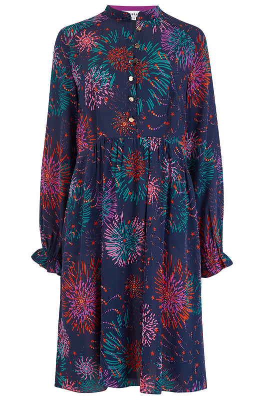 SHORT ANASTASIA DRESS | NAVY FIREWORKS PRINTED SILK