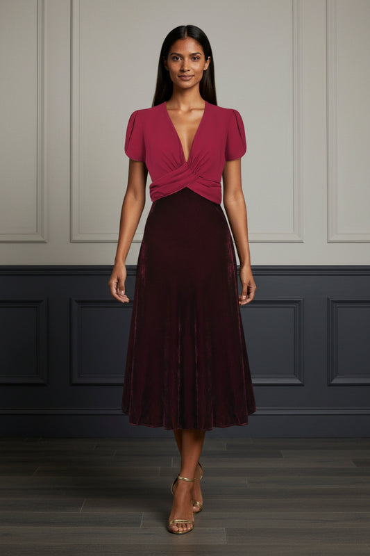 MILLIE DRESS | BURGUNDY SILK GEORGETTE & VELVET