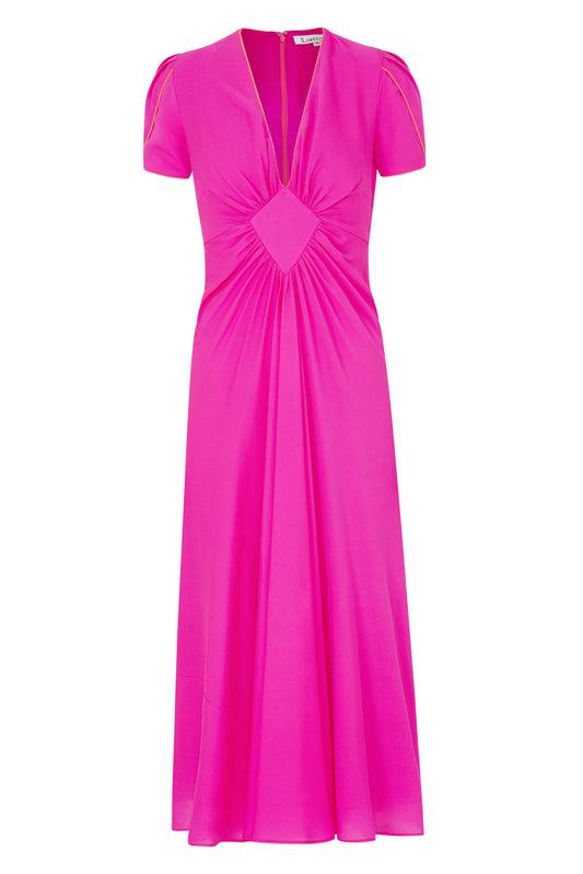 Front view of designer hot pink midi dress with pleated skirt