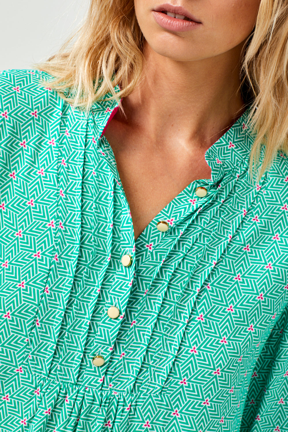 DELPHINE TOP | GREEN STRIPEY TRIANGLE PRINT