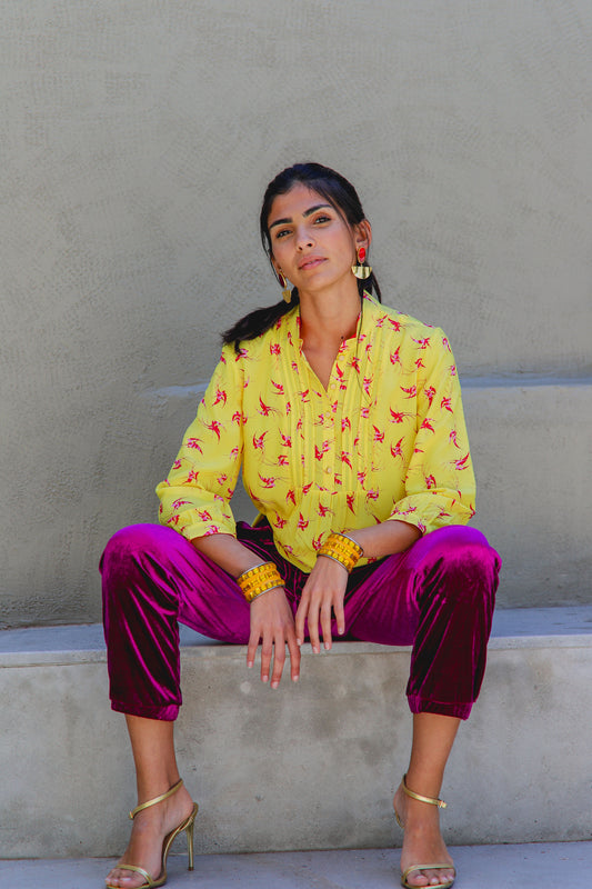 DELPHINE TOP | YELLOW LOVEBIRDS PRINT