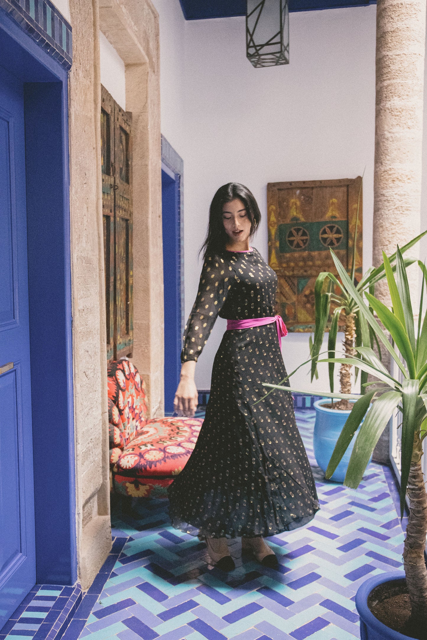 MIDI JOJO DRESS | BLACK & GOLD SPOTTED SILK