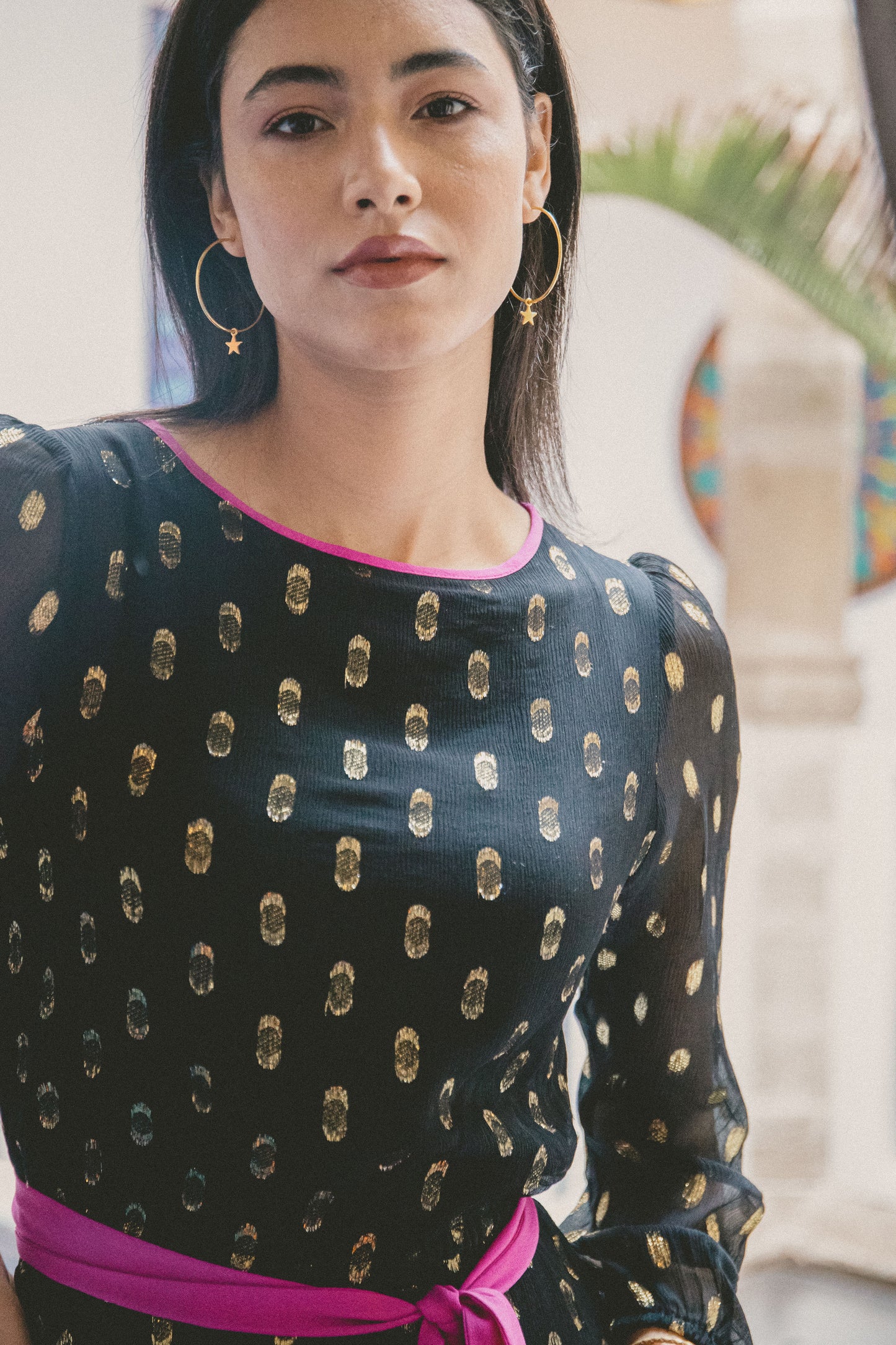 MIDI JOJO DRESS | BLACK & GOLD SPOTTED SILK