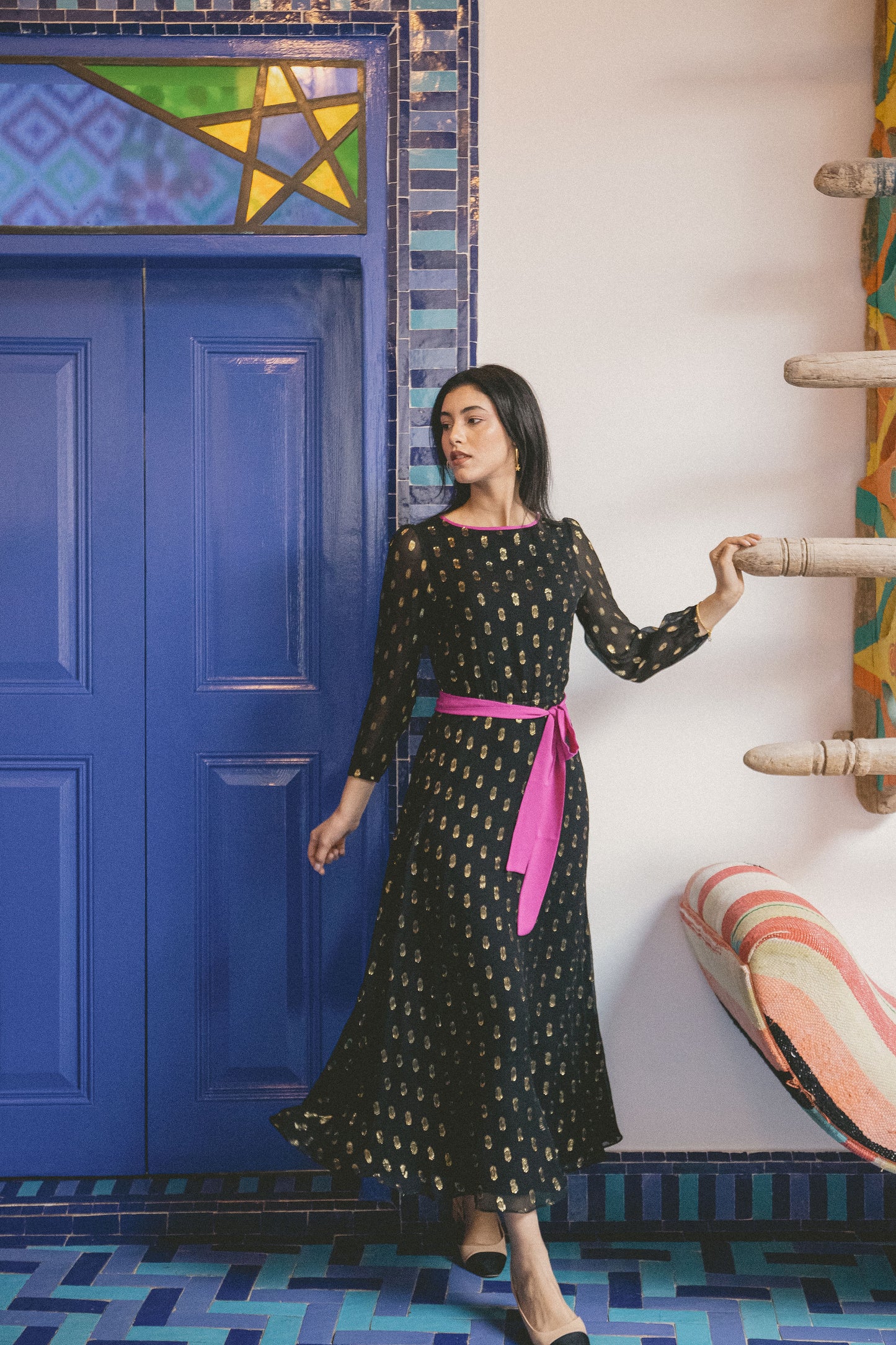 MIDI JOJO DRESS | BLACK & GOLD SPOTTED SILK