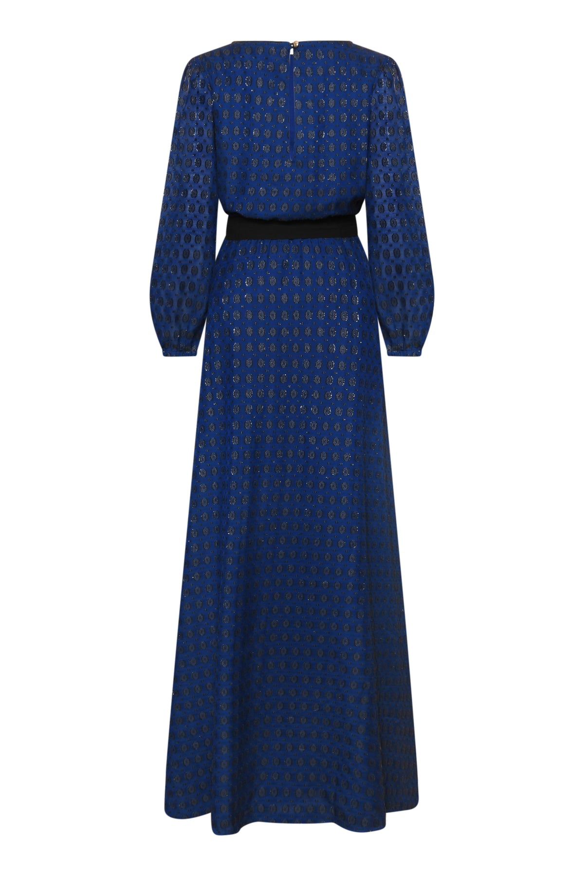 MAXI JOJO DRESS | NAVY AND BLACK FLOCKED FABRIC