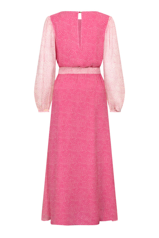 Back detail of Maxi Jojo Dress in pink and cream organic printed silk chiffon