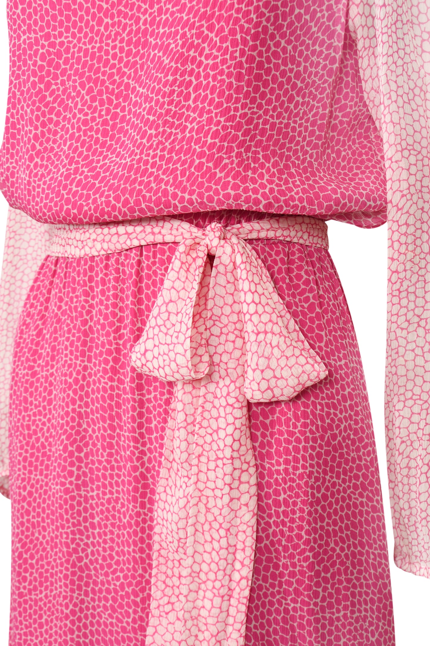 Close-up of fabric print – soft pastel pinks and cream organic pattern on a silk chiffon