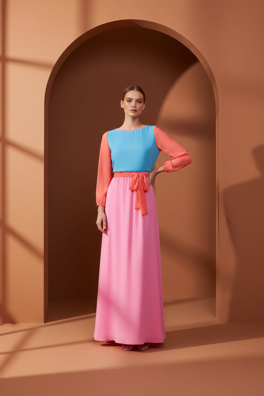 LONG JOJO DRESS | BLOCK COLOUR SILK GEORGETTE