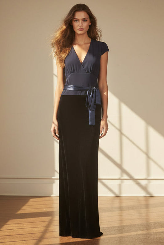LONG WILLOW DRESS | NAVY SILK GEORGETTE AND VELVET