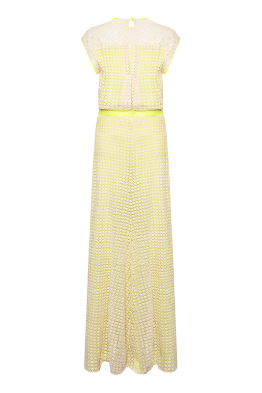 LONG TATTI DRESS | CREAM AND YELLOW TEXTURED CIRCLE LACE