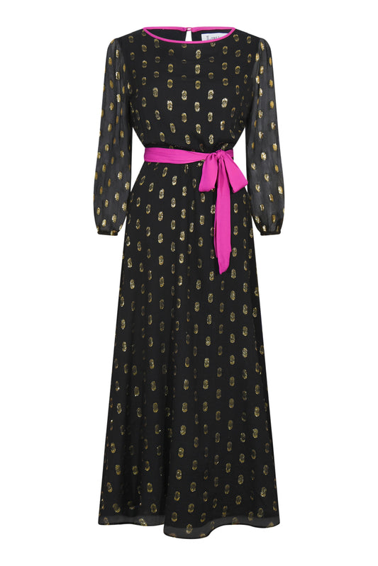 MIDI JOJO DRESS | BLACK & GOLD SPOTTED SILK