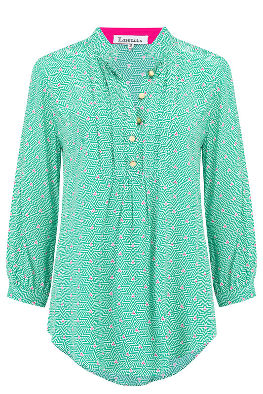DELPHINE TOP | GREEN STRIPEY TRIANGLE PRINT