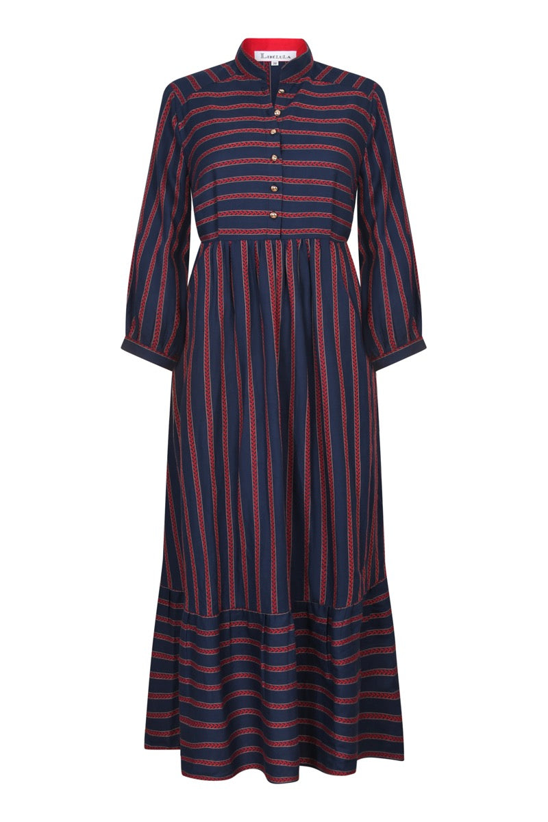 LONGER ANASTASIA DRESS | EMBROIDERED STRIPED COTTON