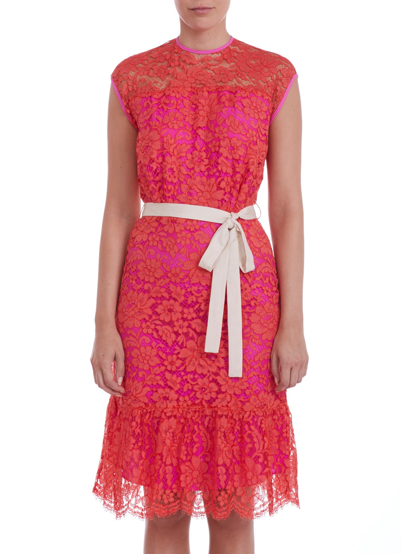 FLORA DRESS | ORANGE LACE WITH HOT PINK LINING