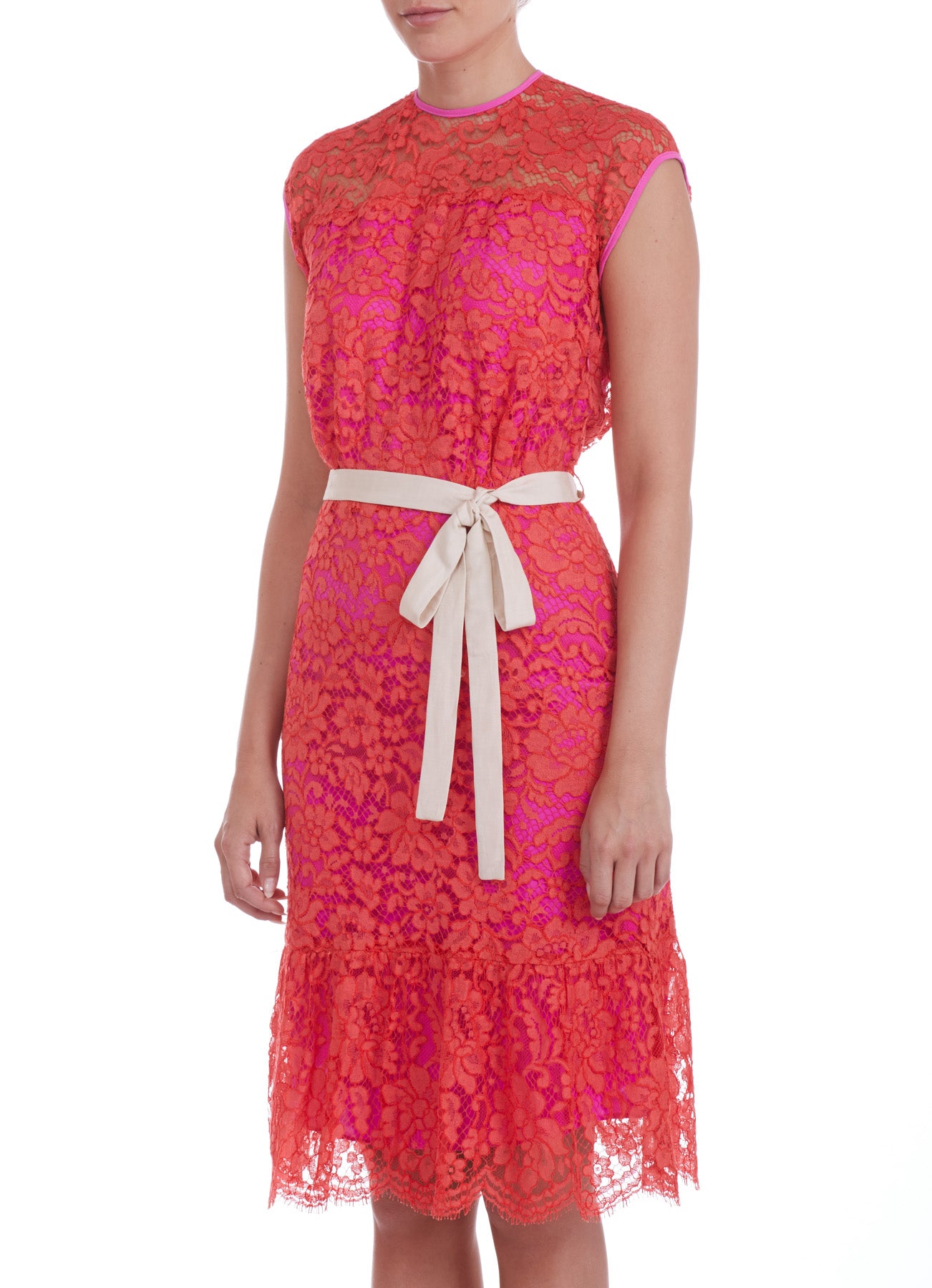 FLORA DRESS | ORANGE LACE WITH HOT PINK LINING