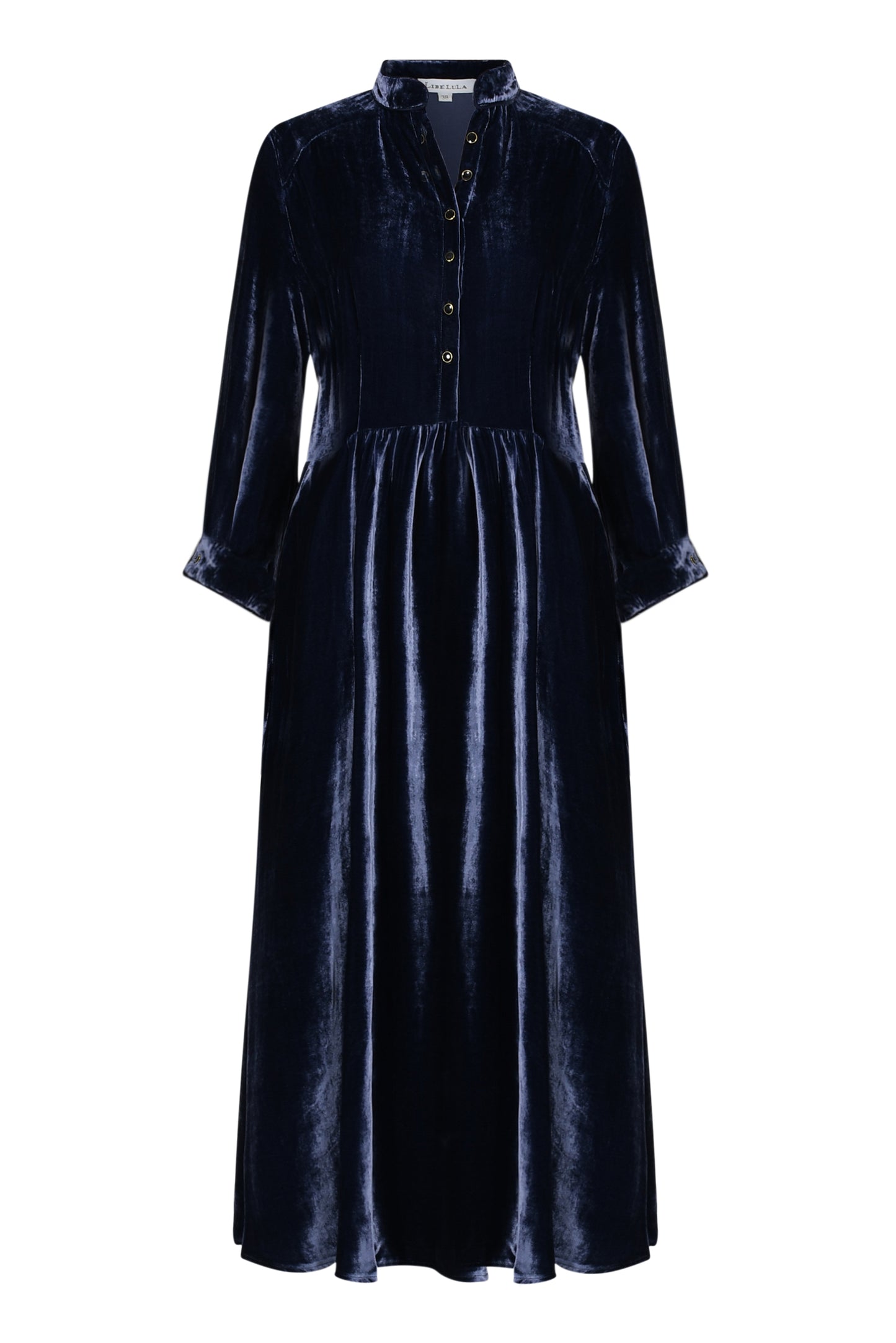 Libelula designer navy velvet dress draped elegantly