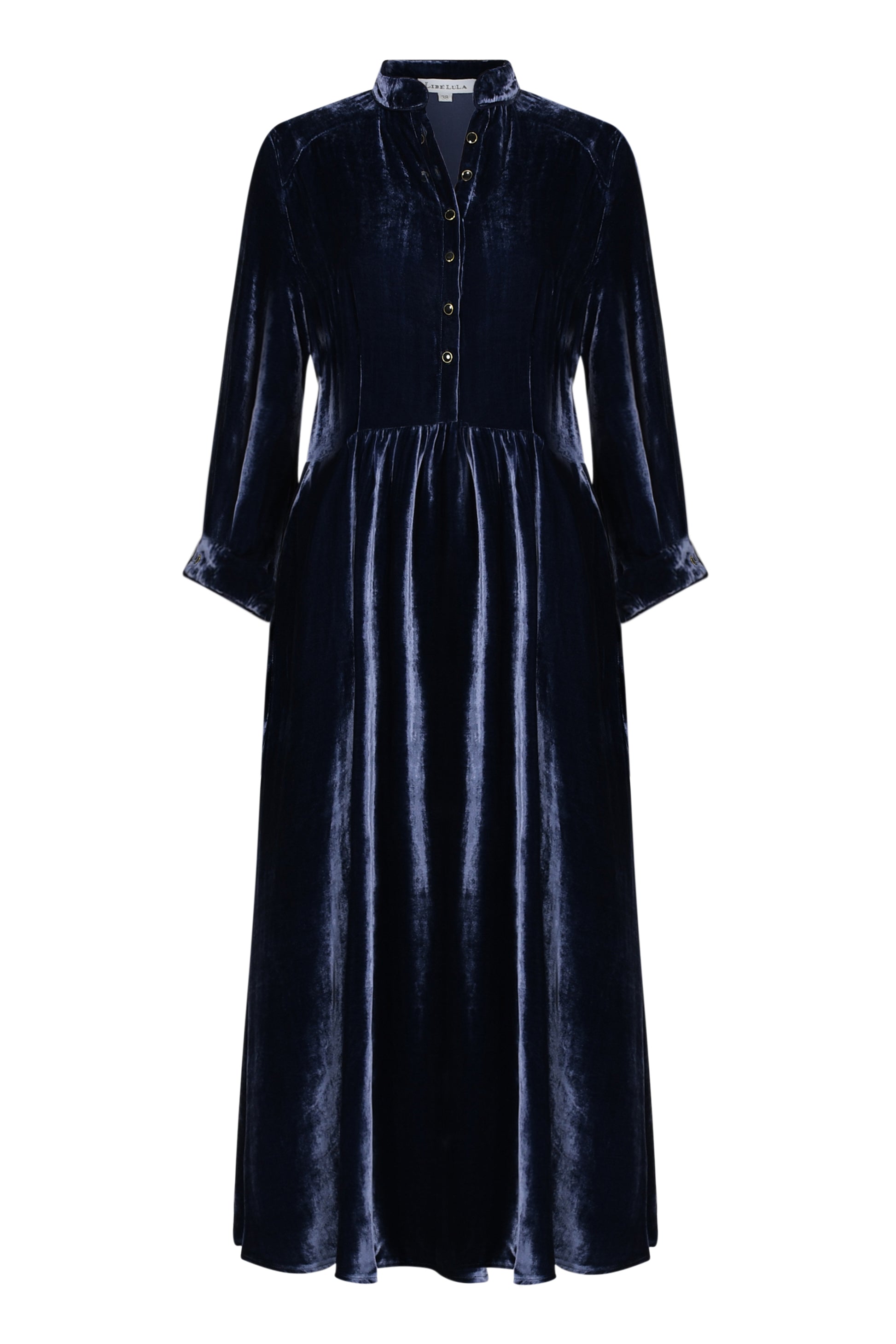 Libelula designer navy velvet dress draped elegantly