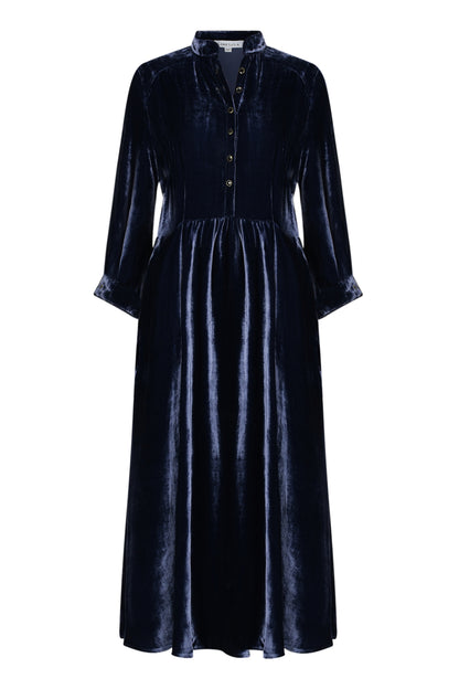 Libelula designer navy velvet dress draped elegantly