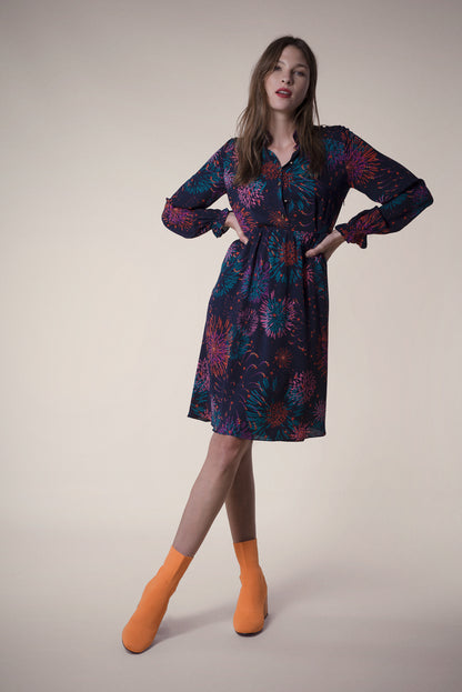 SHORT ANASTASIA DRESS | NAVY FIREWORKS PRINTED SILK