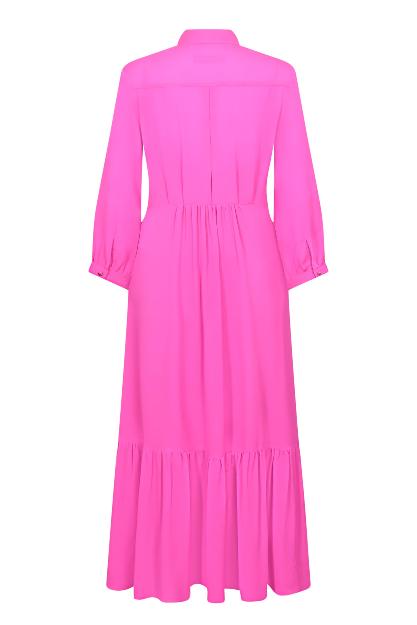 Back view showing elegant drape of bright pink silk dress