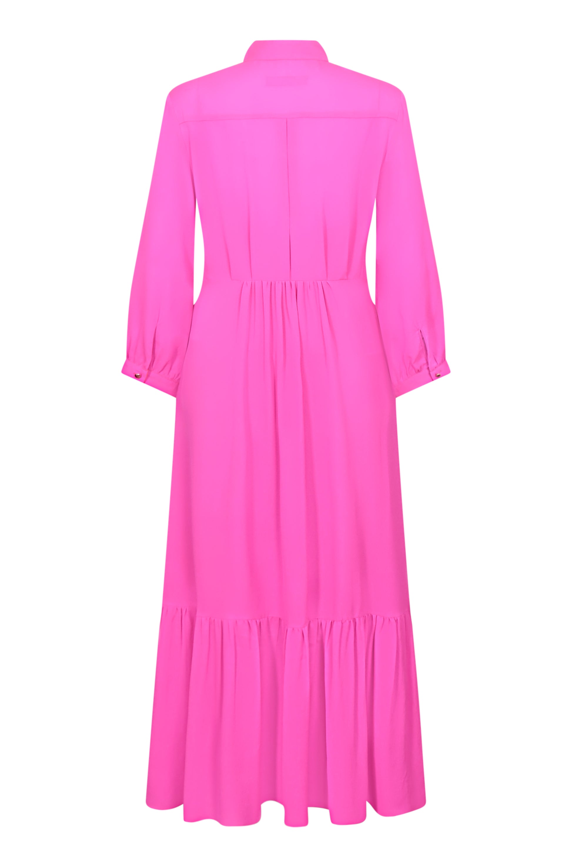 Back view showing elegant drape of bright pink silk dress