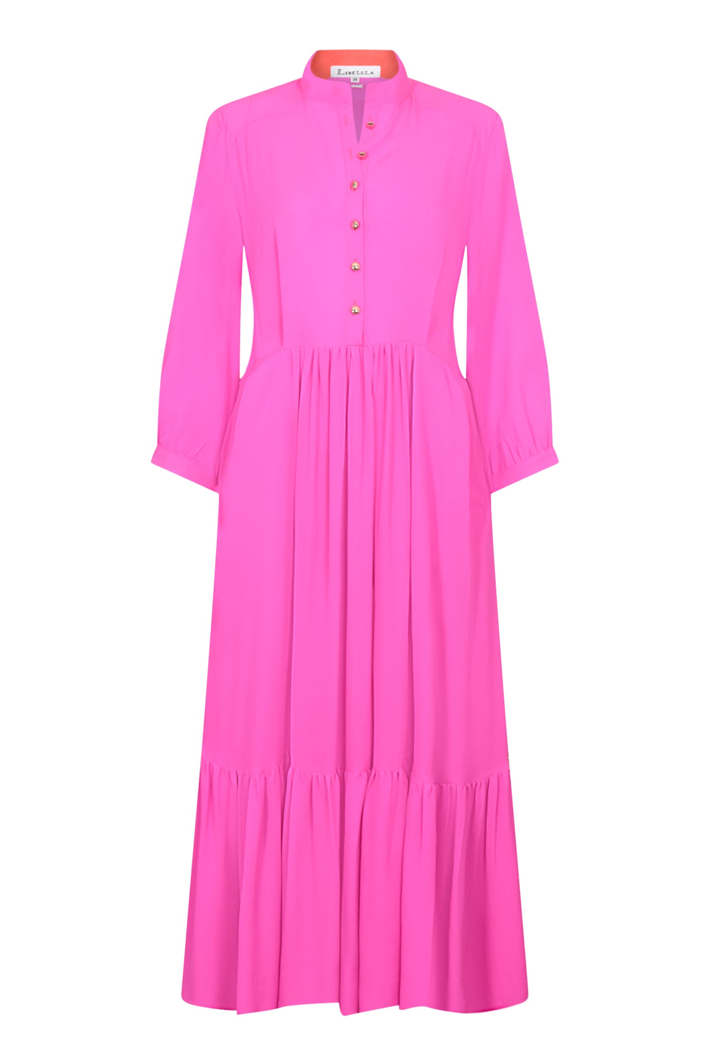 Full length view of flowing pink silk georgette dress with frilled hem