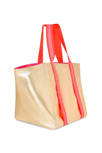 SHEENY GOLD BEACH BAG with PINK