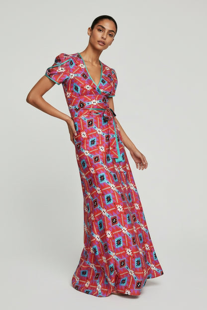 LONG WILLOW DRESS | RED GEO TRI PRINTED SILK