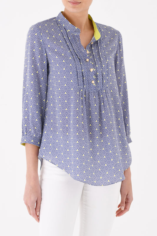 DELPHINE TOP | BLUE STRIPEY TRIANGLE PRINT