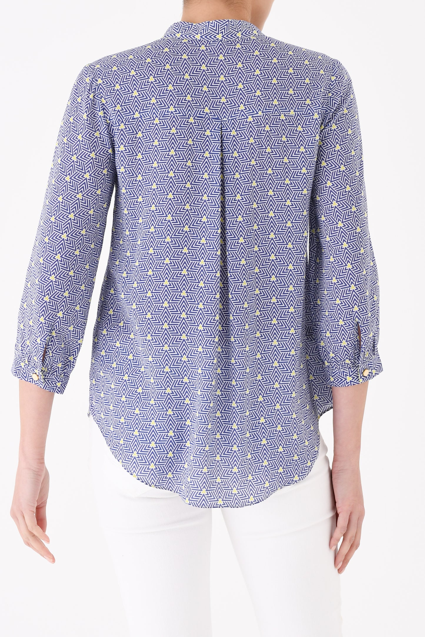 DELPHINE TOP | BLUE STRIPEY TRIANGLE PRINT