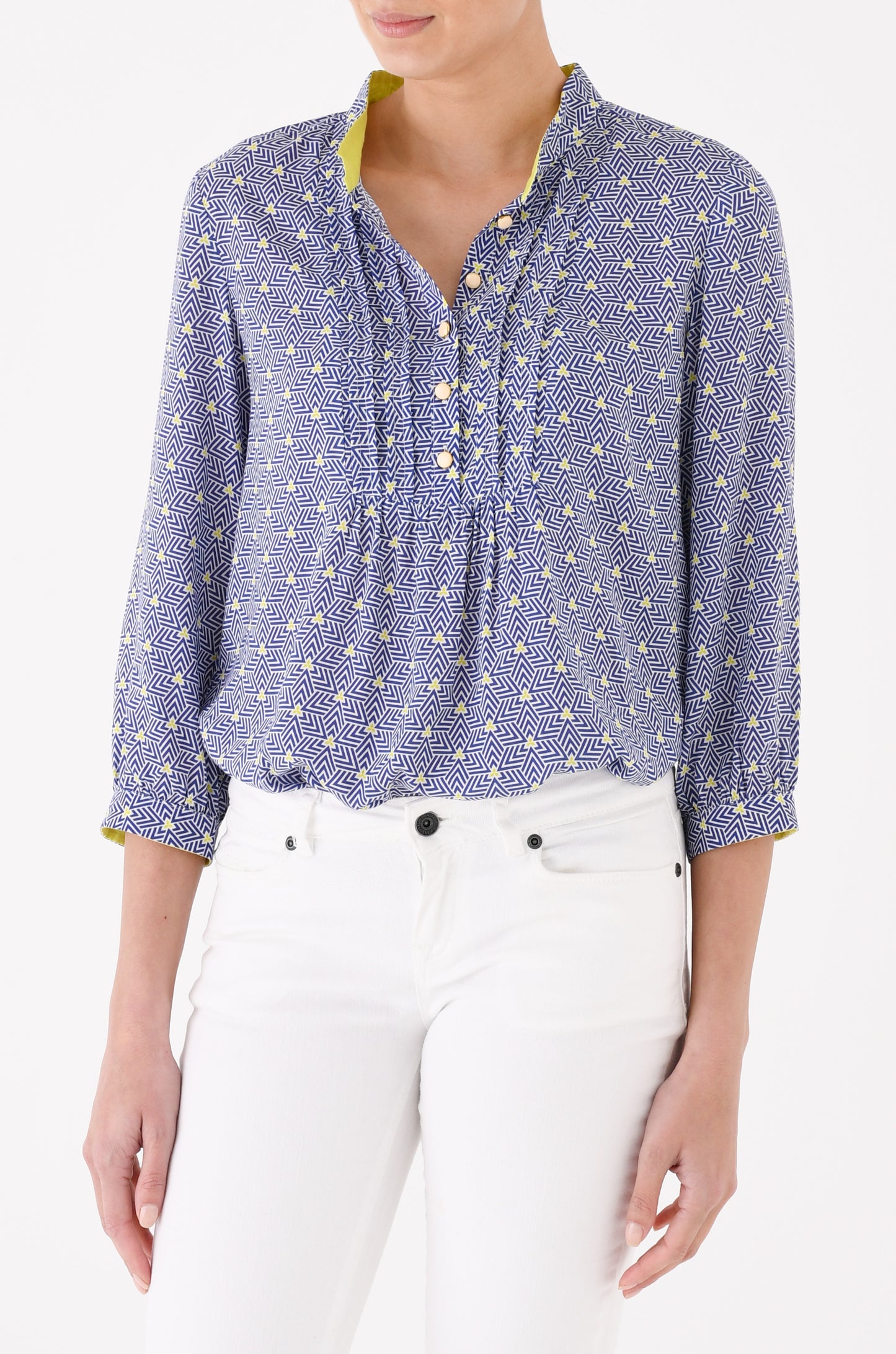 DELPHINE TOP | BLUE STRIPEY TRIANGLE PRINT