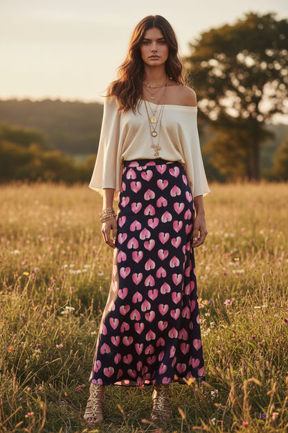 GUINEVERE MAXI SKIRT | PINK BROKEN HEART PRINT