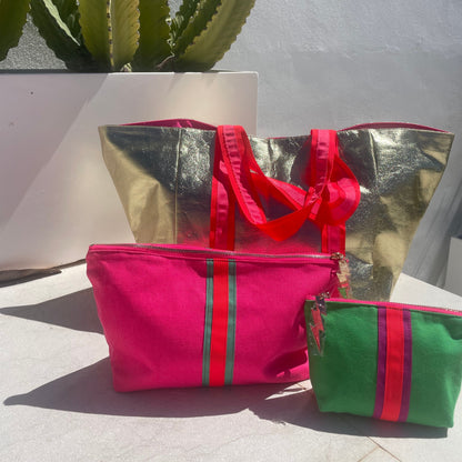 SHEENY GOLD BEACH BAG with PINK