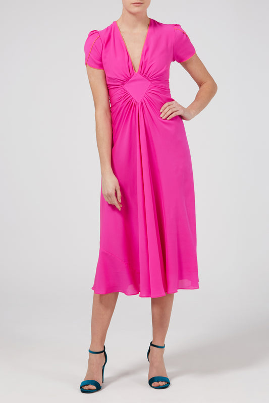 Hot pink silk georgette Jessie dress with signature diamond waist detail
