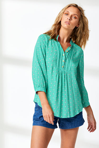 DELPHINE TOP | GREEN STRIPEY TRIANGLE PRINT