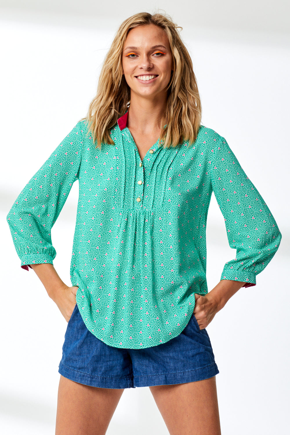 DELPHINE TOP | GREEN STRIPEY TRIANGLE PRINT