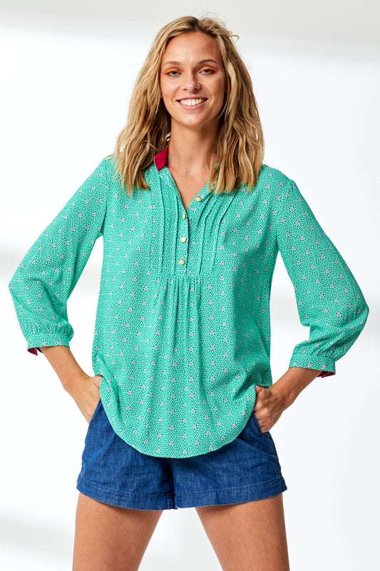 DELPHINE TOP | GREEN STRIPEY TRIANGLE PRINT