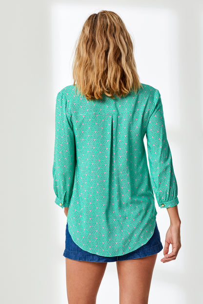 DELPHINE TOP | GREEN STRIPEY TRIANGLE PRINT