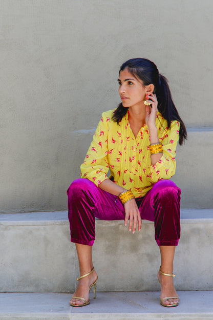 DELPHINE TOP | YELLOW LOVEBIRDS PRINT