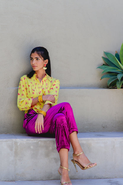 DELPHINE TOP | YELLOW LOVEBIRDS PRINT