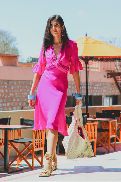 Our classic Millie Dress in a stunning hot pink silk with frilled 3/4 length sleeves 38 Our classic Millie Dress in a stunning hot pink silk with frilled 3/4 length sleeves 38