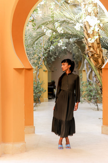 ANASTASIA DRESS | KHAKI SILK GEORGETTE