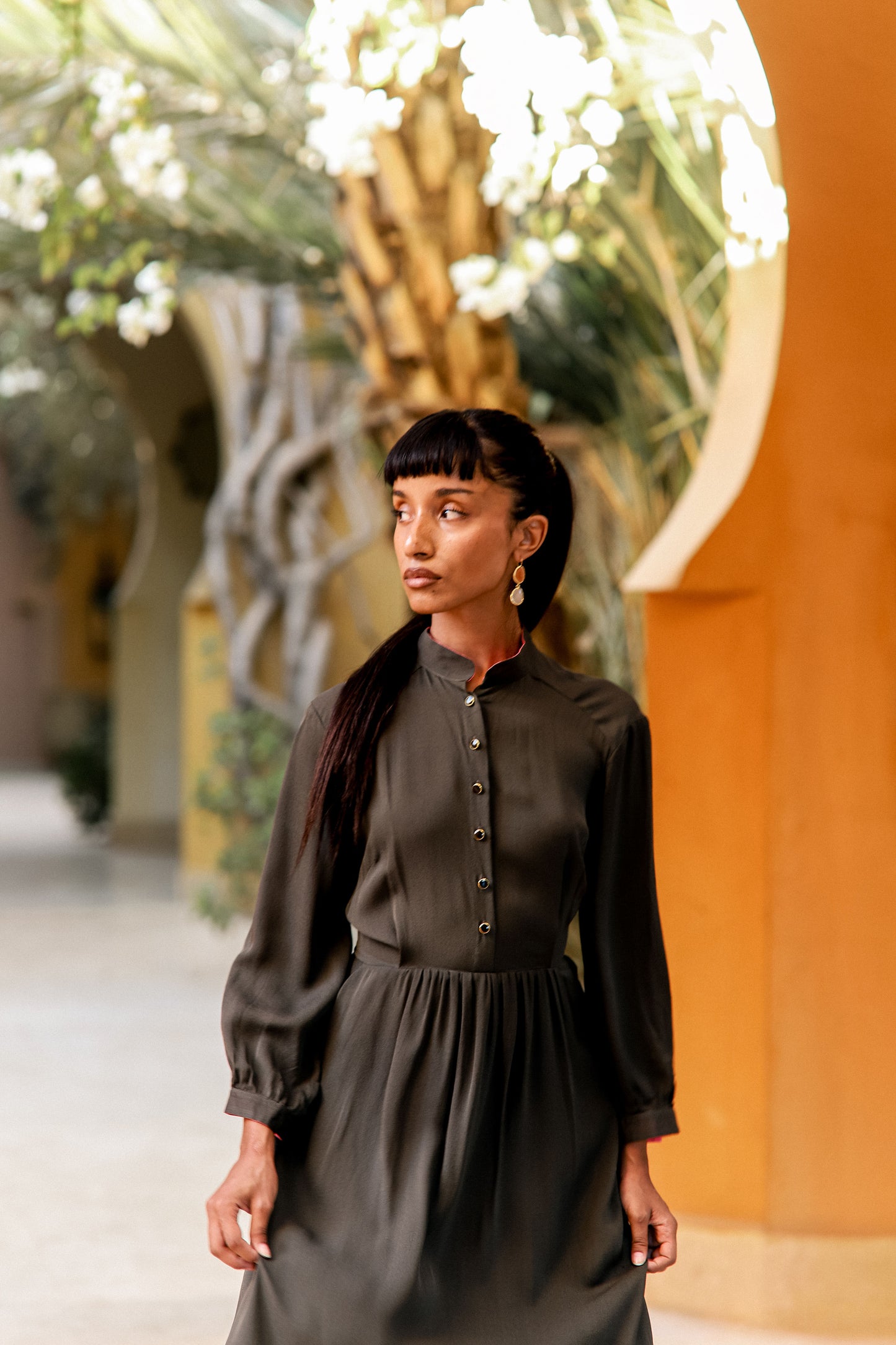 ANASTASIA DRESS | KHAKI SILK GEORGETTE