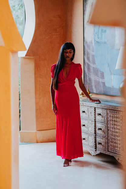 MIDI MILLIE DRESS | SUMMER RED SILK GEORGETTE