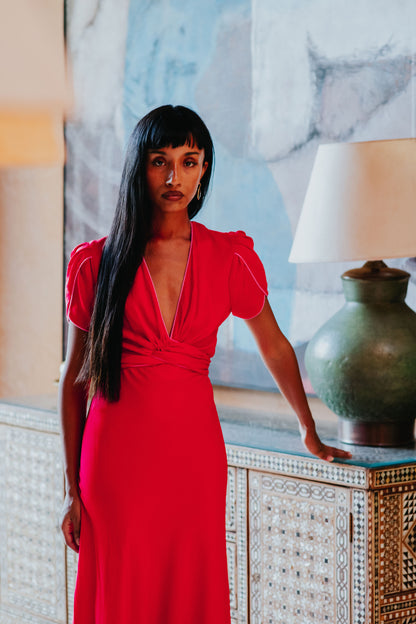 MIDI MILLIE DRESS | SUMMER RED SILK GEORGETTE