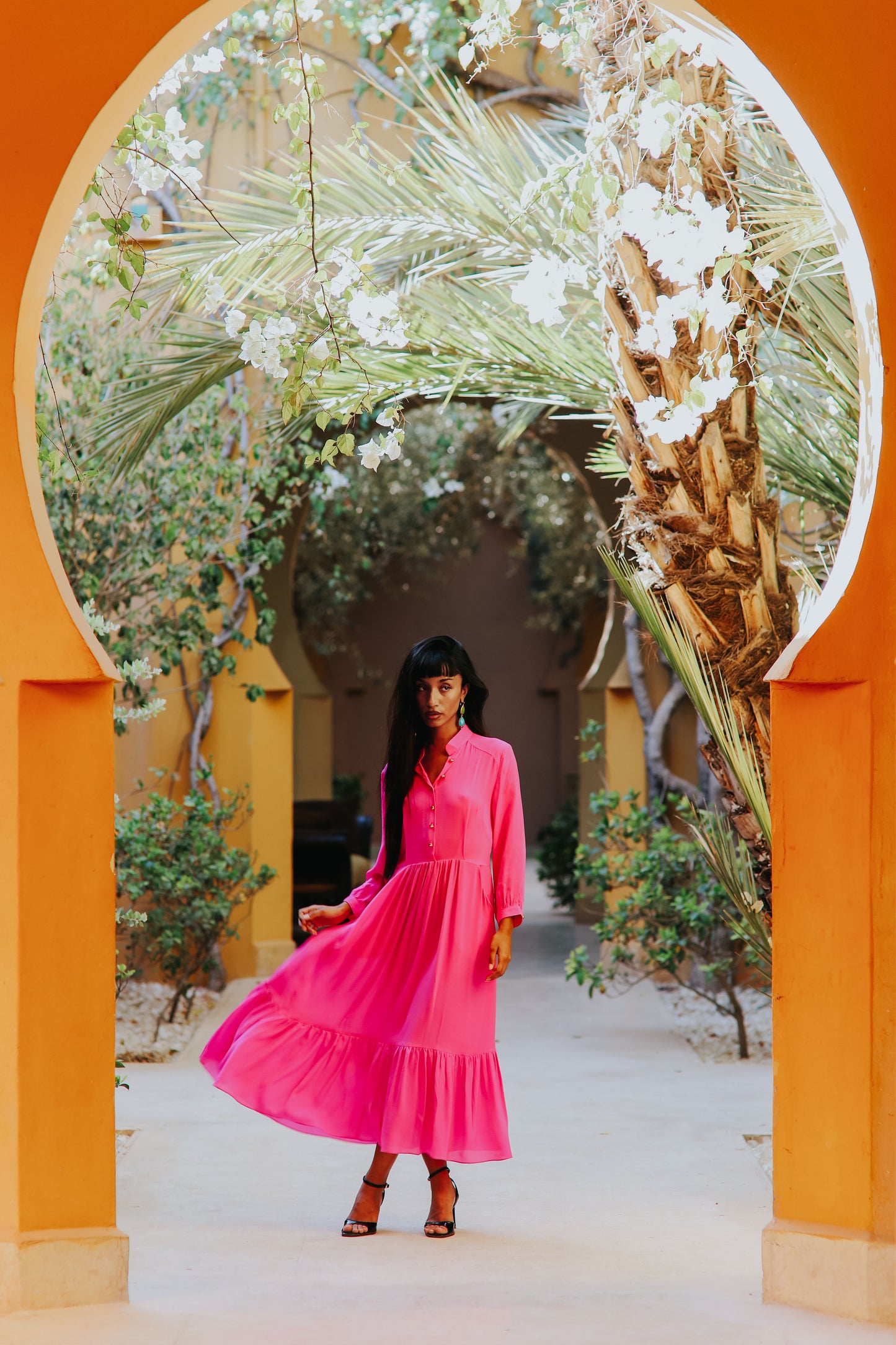 Bright pink silk georgette Anastasia dress with standing collar