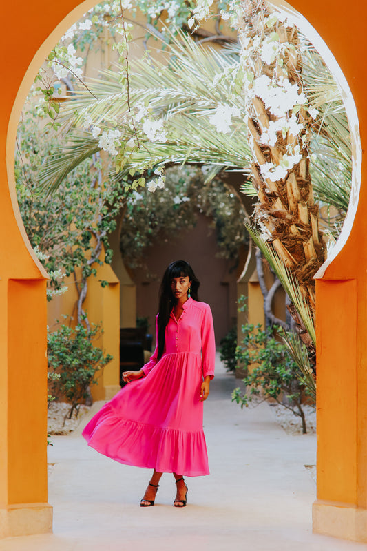 Bright pink silk georgette Anastasia dress with standing collar