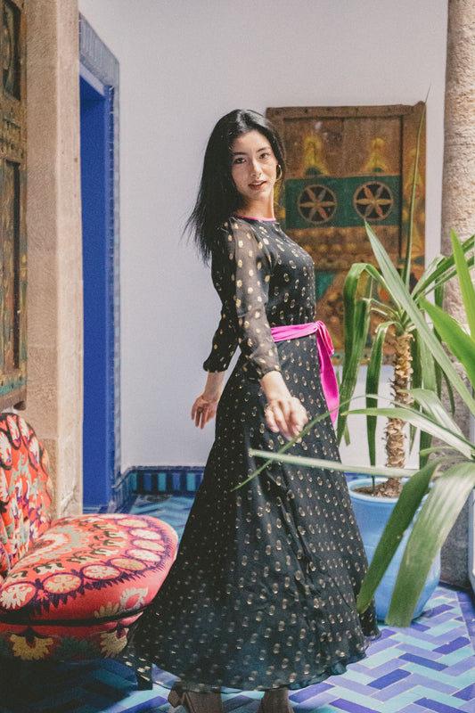 MIDI JOJO DRESS | BLACK & GOLD SPOTTED SILK