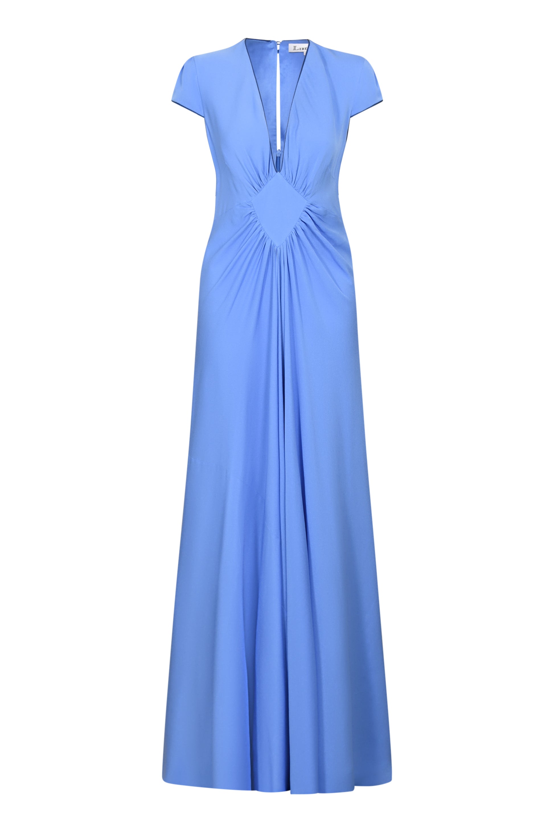 Powder Blue long vintage inspired evening gown on a white background