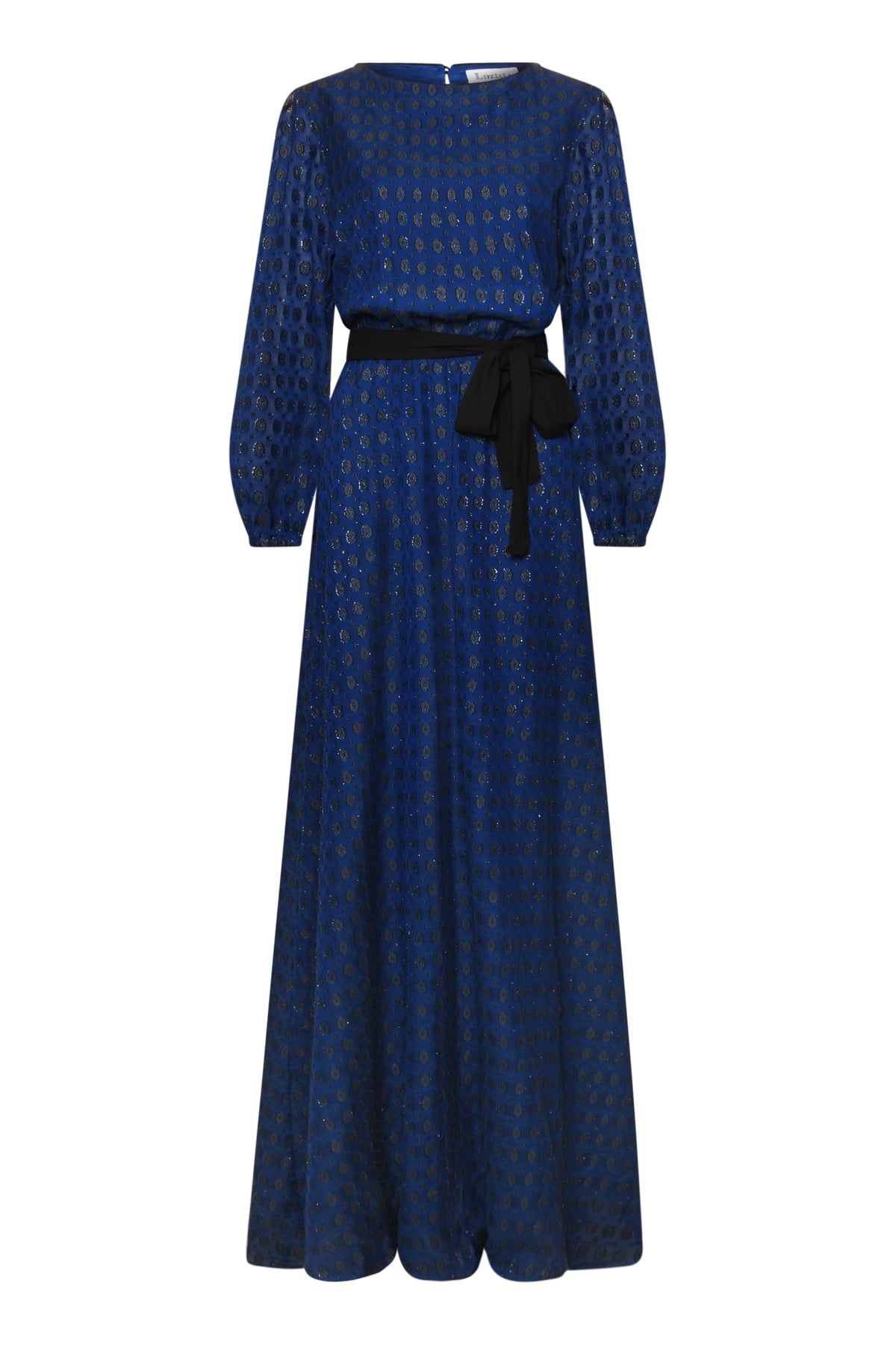 MAXI JOJO DRESS | NAVY AND BLACK FLOCKED FABRIC